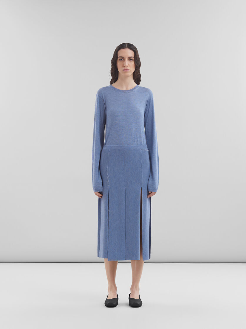 Jupe bleue en laine et soie avec fentes à bords francs - Jupes - Image 2