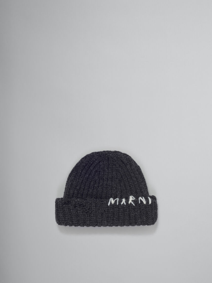 Dark grey ribbed beanie with hand-stitched logo - Hats - Image 1