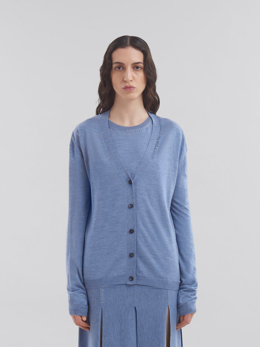 Cardigan bleu en laine et soie avec effet raccommodé Marni - pulls - Image 2