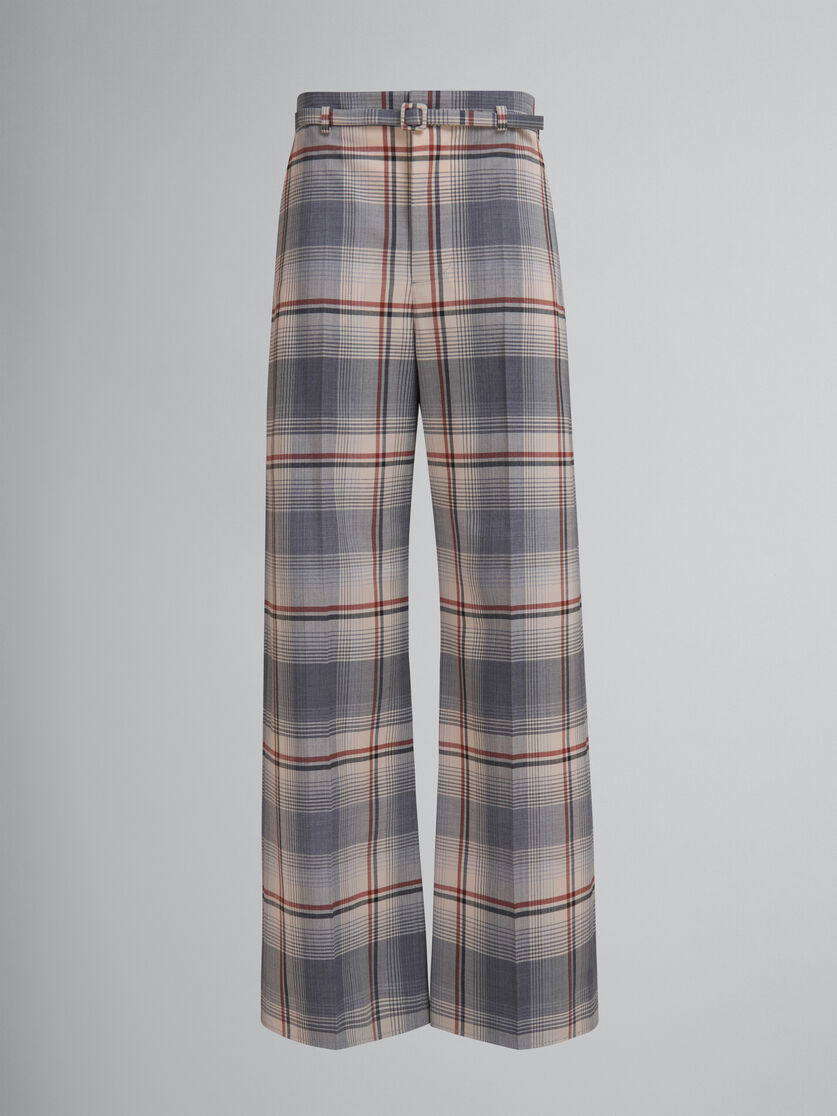 Pantalon en laine à carreaux gris avec ceinture - Pantalons - Image 1