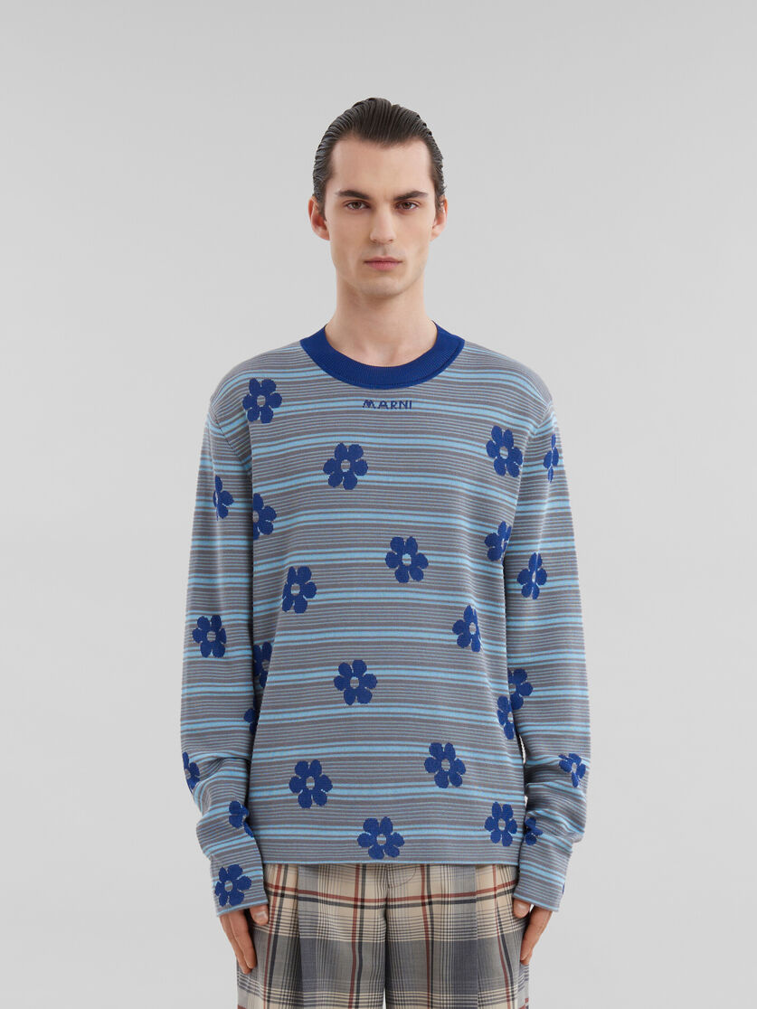 Blue cotton-viscose striped jumper with floral motif - Pullovers - Image 2