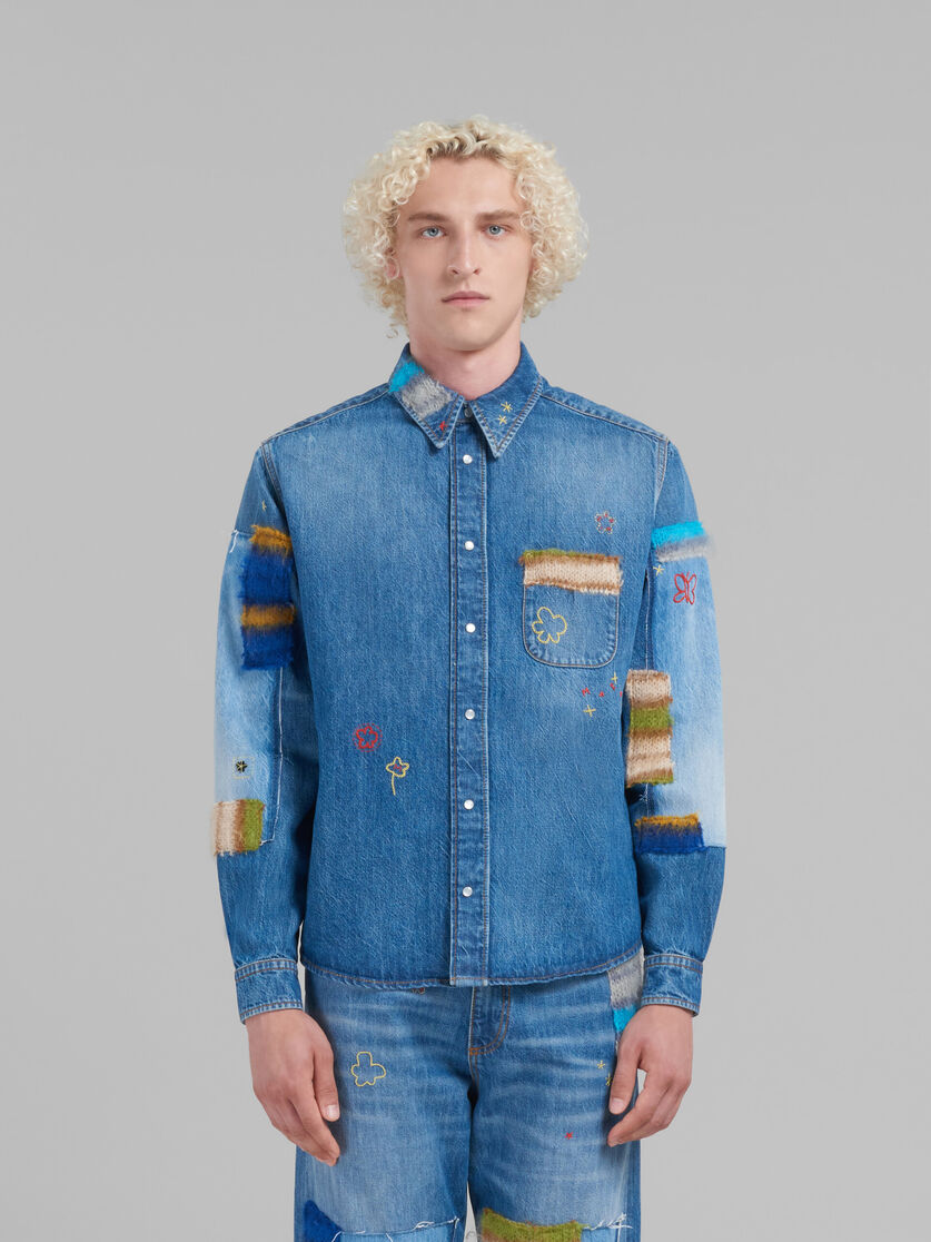 Blue organic denim shirt with mohair patches - Shirts - Image 2