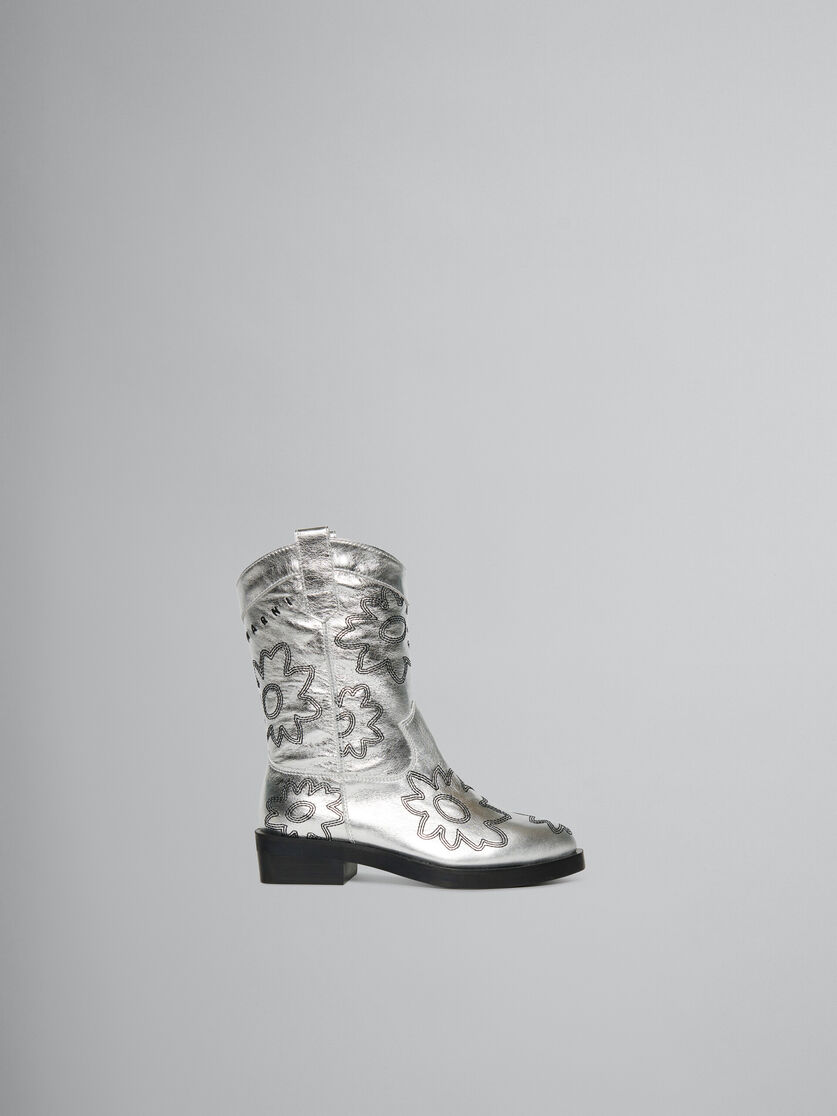 Silver leather cowboy boot with embroidered patch detail - Sneakers - Image 1