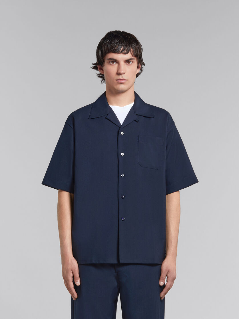 Deep blue tropical wool bowling shirt - Shirts - Image 2