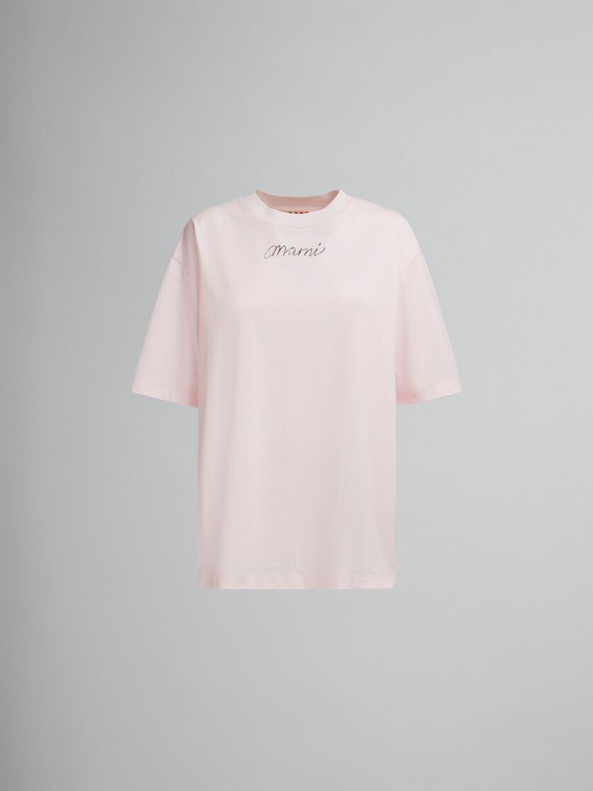 Pink organic cotton boxy T-shirt with repeated logo - T-shirts - Image 1