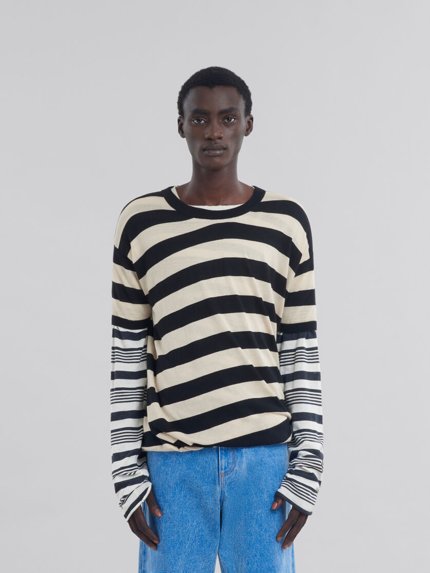 Black and white layered cotton crew-neck with contrast stripes - Pullovers - Image 2