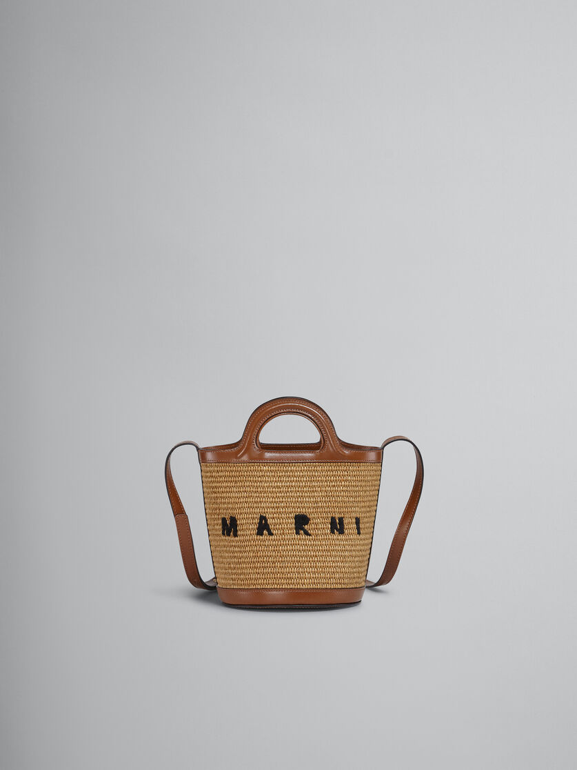 Tropicalia Small Bucket Bag in brown leather and raffia-effect fabric - Shoulder Bags - Image 1