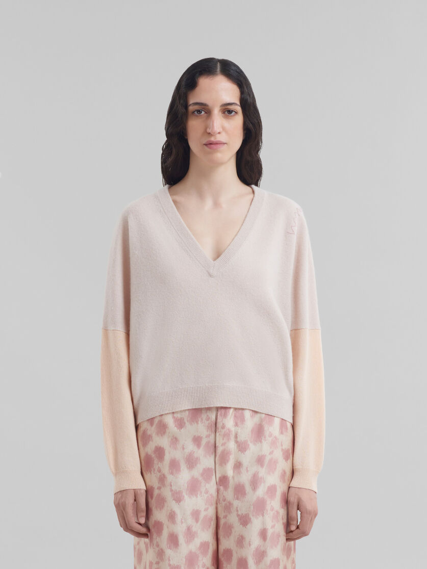 Peach pink wool and cashmere color block V-neck sweater - Pullovers - Image 2