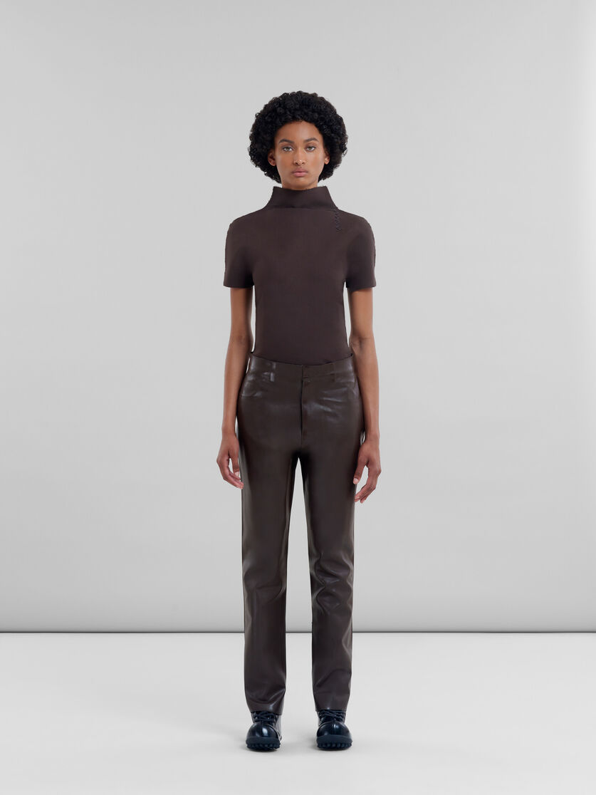 Brown wool and coated fabric trousers - Pants - Image 2