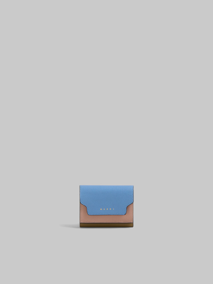 Trifold wallet in blue, cream and brown saffiano leather - Wallets - Image 1