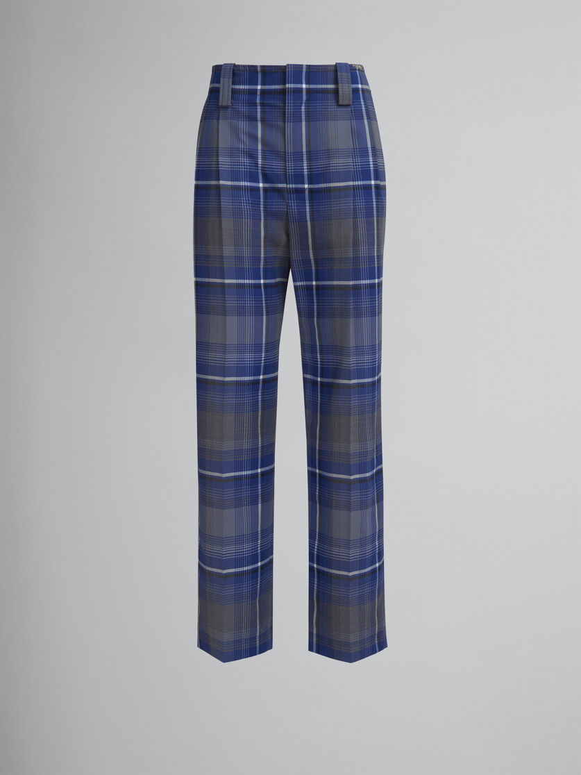 Blue checked virgin wool pleated trousers - Pants - Image 1