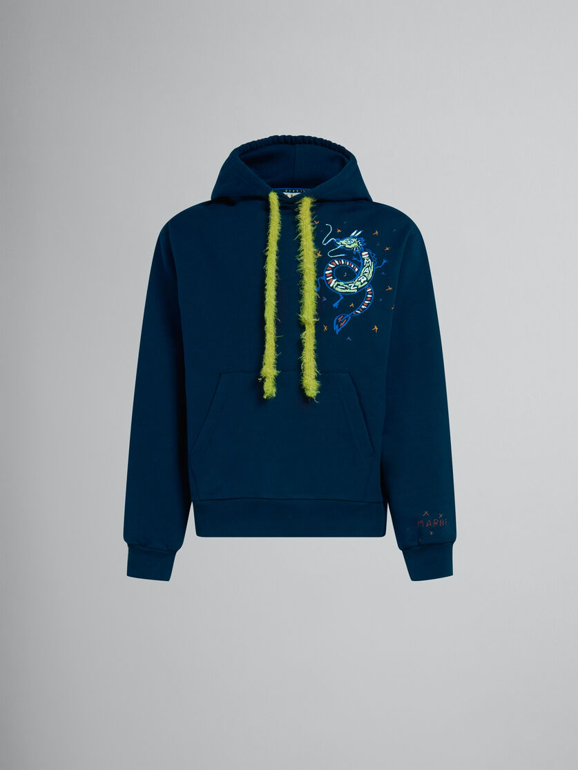 Blue organic jersey hoodie with dragon print - Sweaters - Image 1