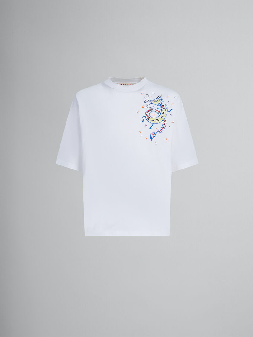 White organic jersey T-shirt with dragon print - T-shirts - Image 1