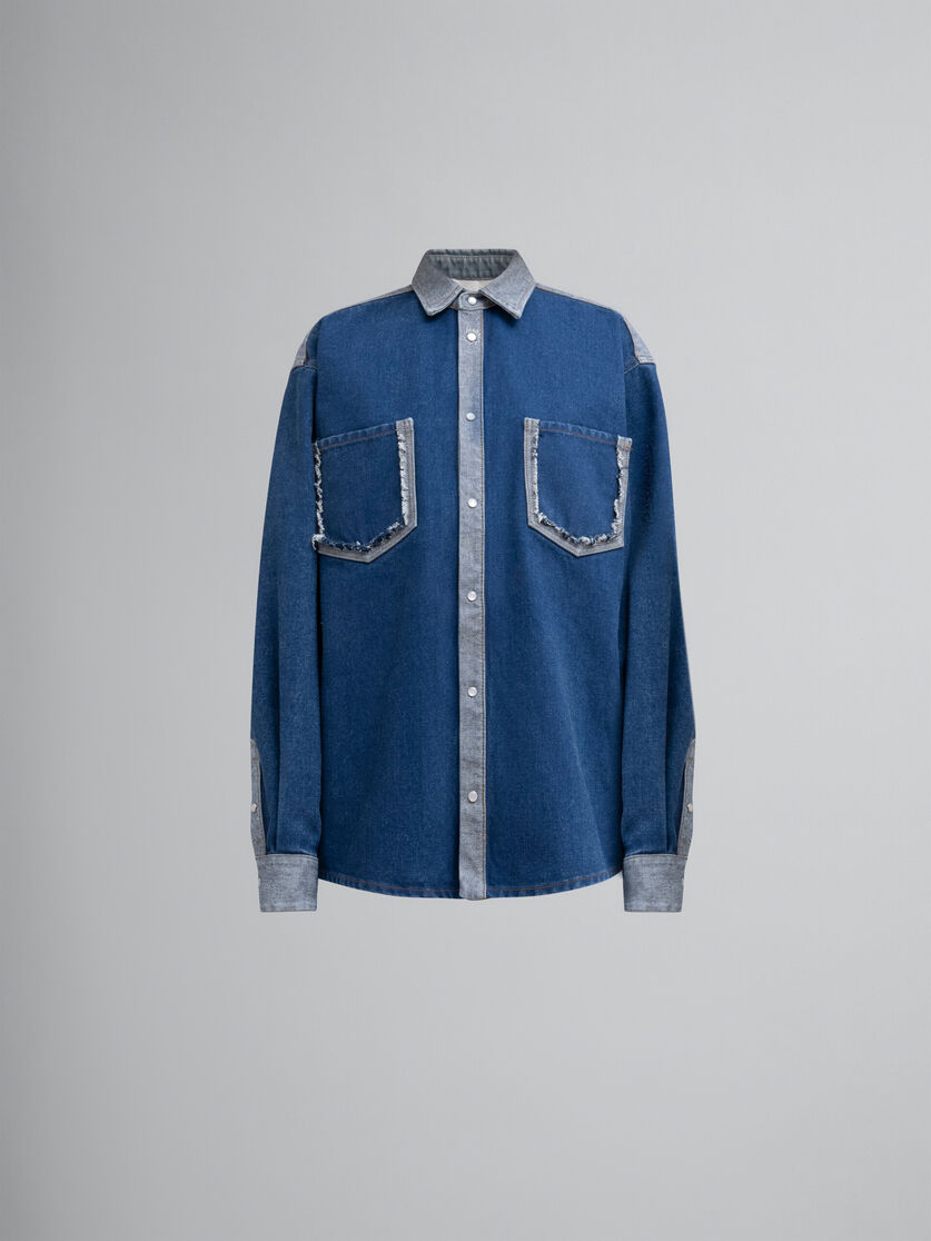 로우 컷 엣지 투 톤 블루 데님 셔츠 - 셔츠 - Image 1