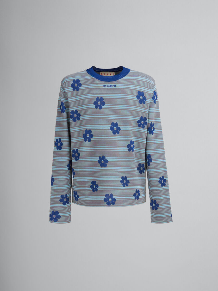 Blue cotton-viscose striped jumper with floral motif - Pullovers - Image 1