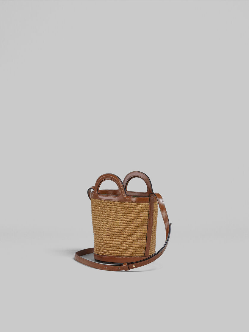 Tropicalia Small Bucket Bag in brown leather and raffia-effect fabric - Shoulder Bags - Image 3