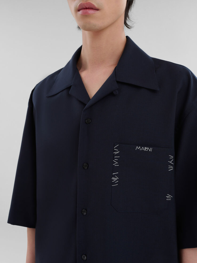 마르니 멘딩 디테일의 딥 블루 트로피컬 울 볼링 셔츠 - 셔츠 - Image 4