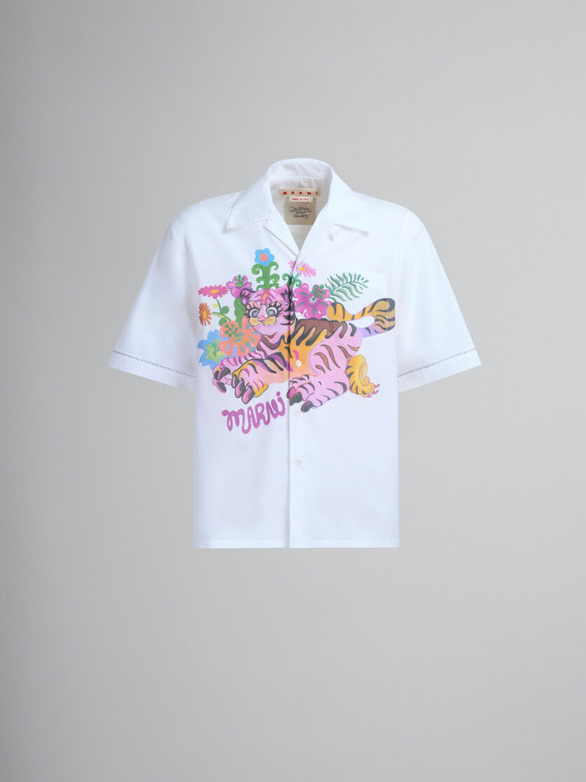 White organic poplin bowling shirt with print - Shirts - Image 2