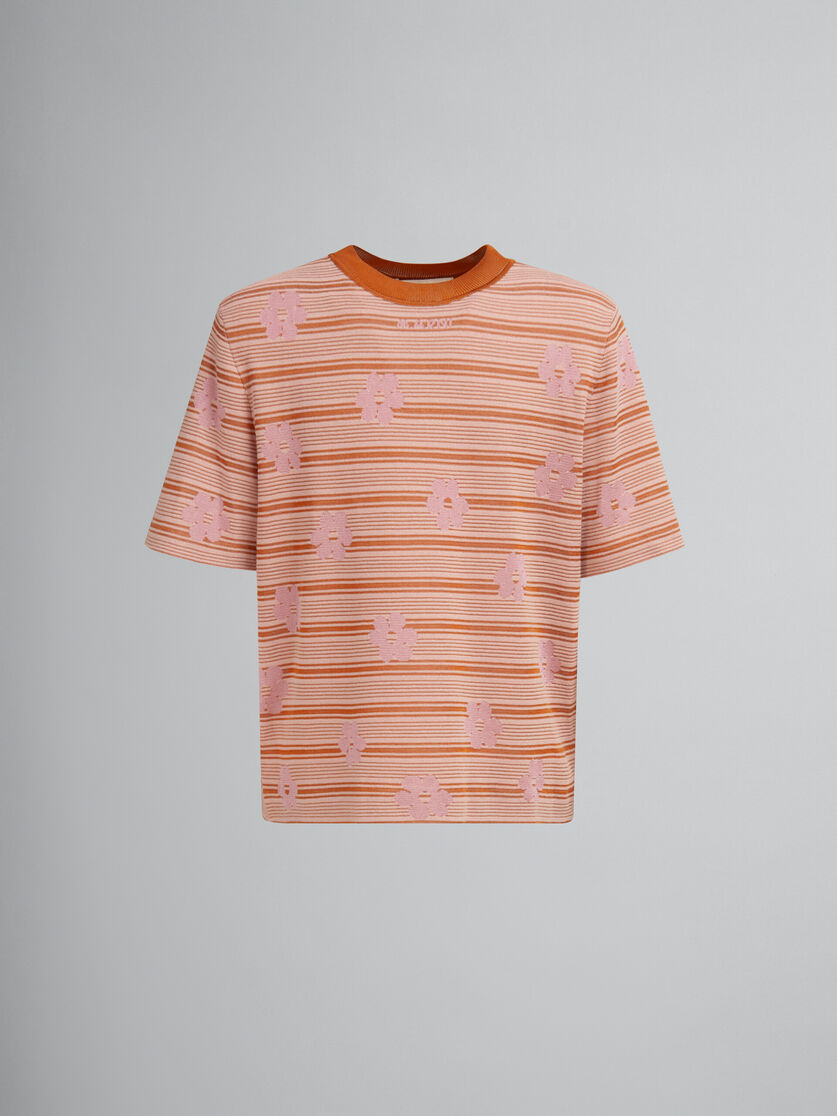 Pink cotton-viscose striped knit T-shirt with floral motif - Pullovers - Image 1