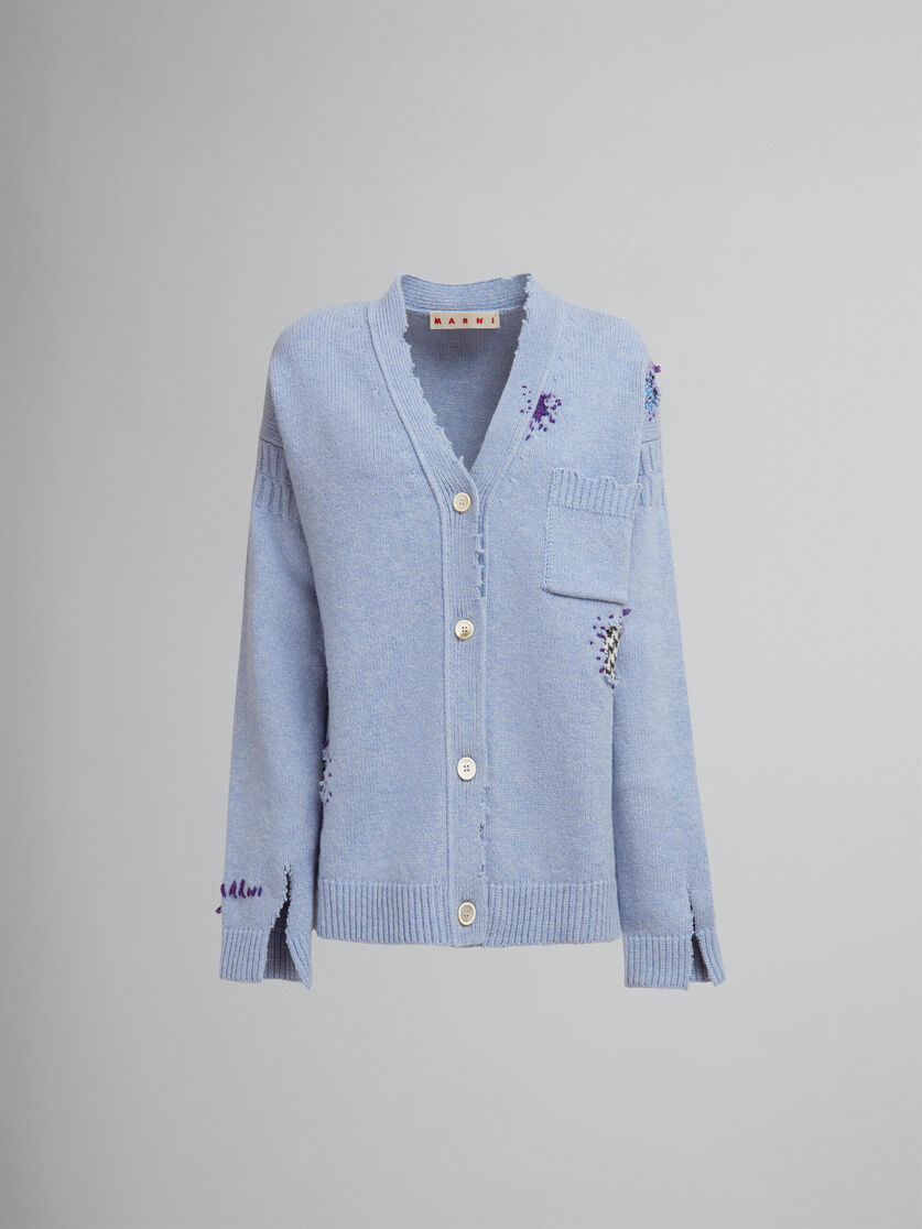 Blue Shetland wool cardigan with Marni mending patches - Pullovers - Image 1