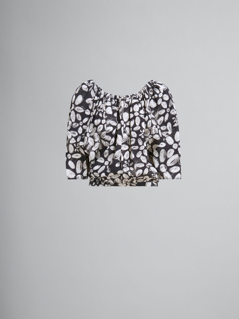 Black satin-back crêpe top with Blooming print - Shirts - Image 1