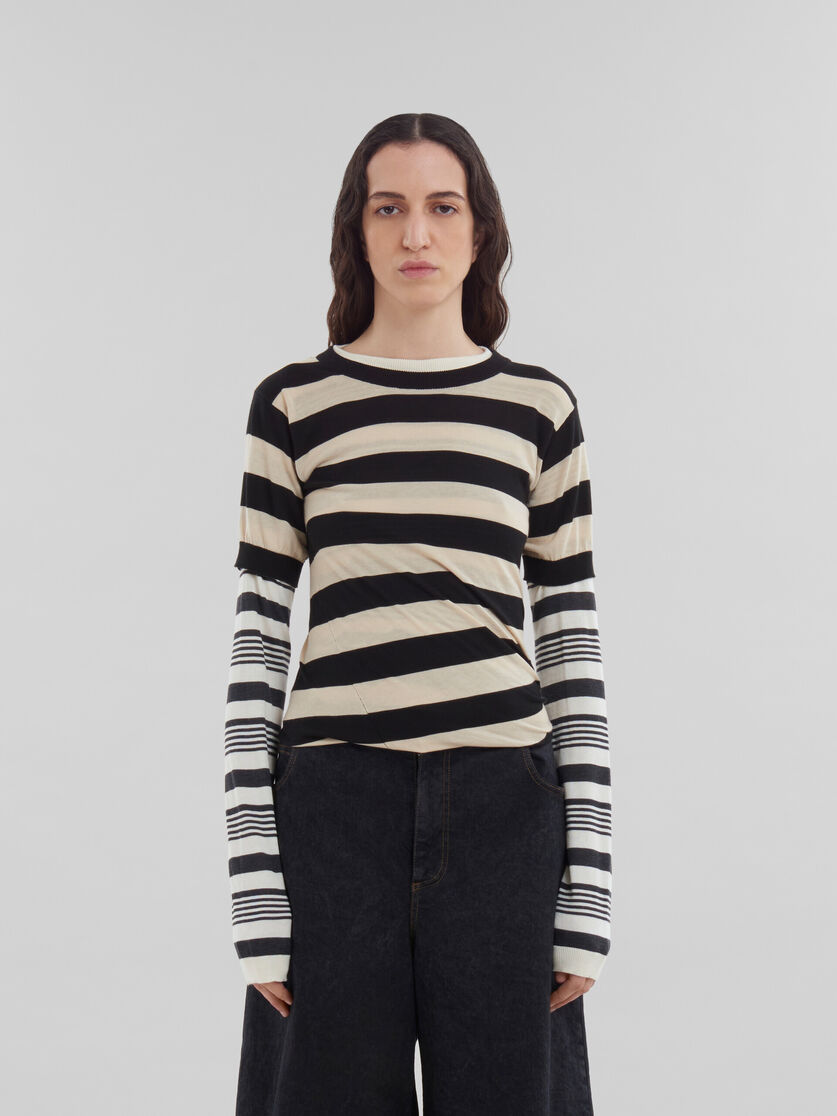 Black and white layered cotton crew-neck with contrast stripes - Pullovers - Image 2