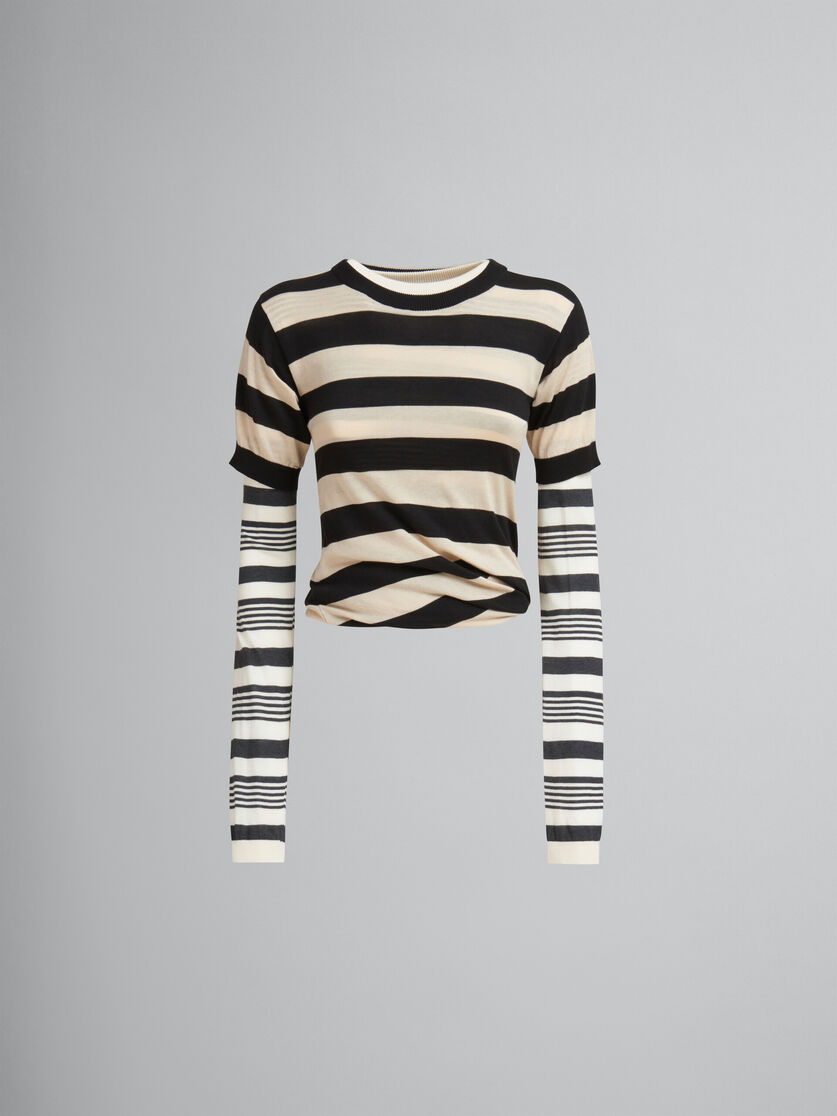 Black and white layered cotton crew-neck with contrast stripes - Pullovers - Image 1