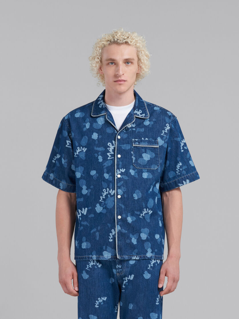 Blue denim bowling shirt with Marni Dripping print - Shirts - Image 2