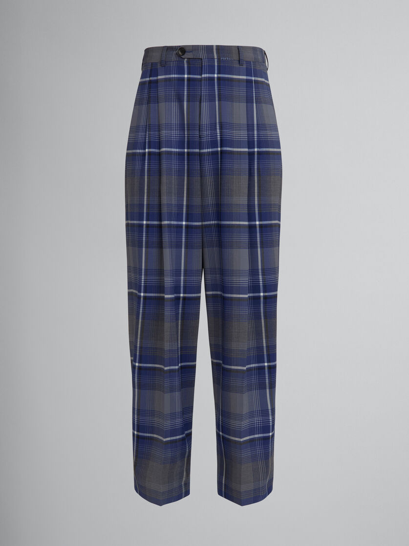 Blue checked wool pleated trousers - Pants - Image 1