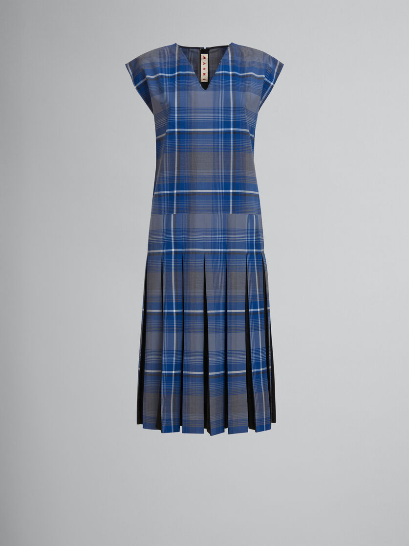 Blue checked wool blend dress with contrast pleats - Dresses - Image 1