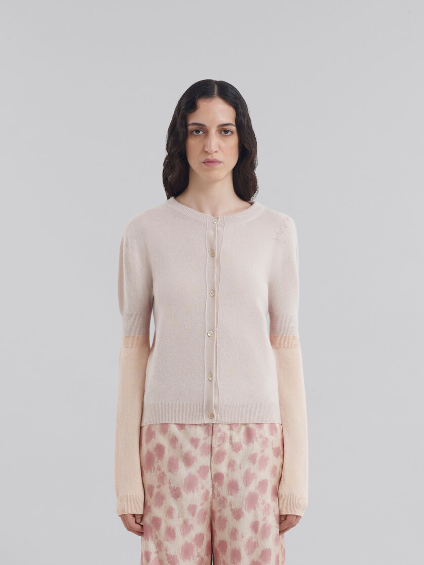 Peach pink wool and cashmere color block cardigan - Pullovers - Image 2