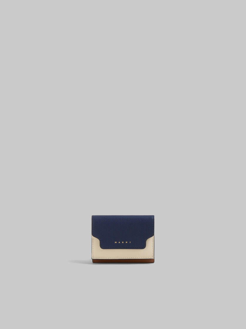 Trifold wallet in blue, cream and brown saffiano leather - Wallets - Image 1