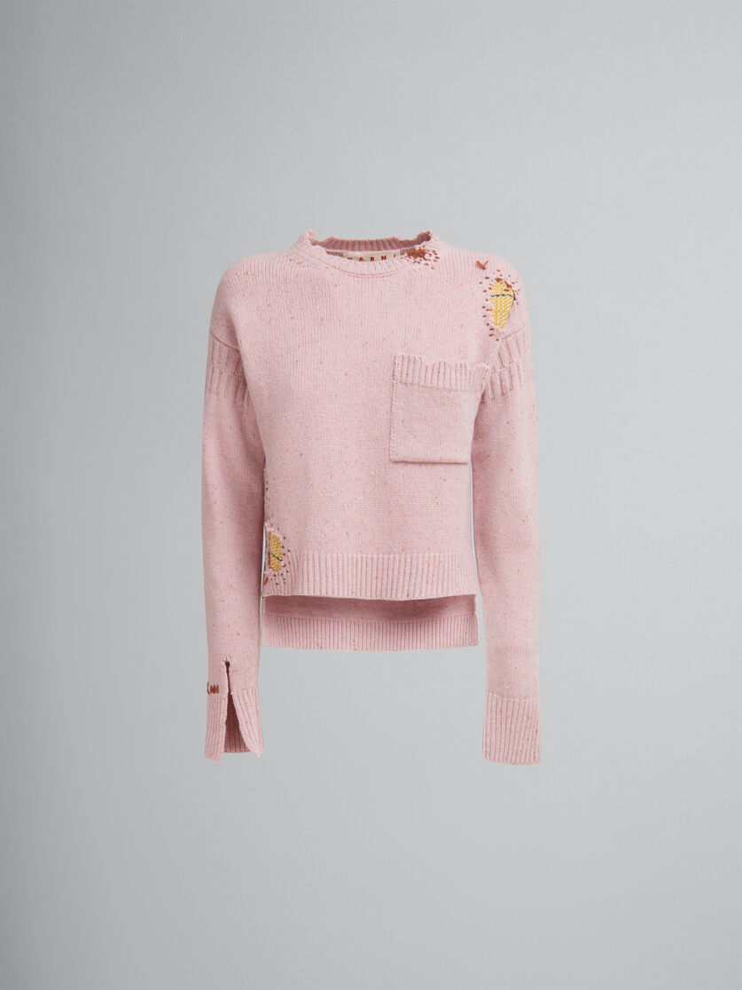 Pull en laine Shetland rose avec patchs effet raccommodé Marni - pulls - Image 1