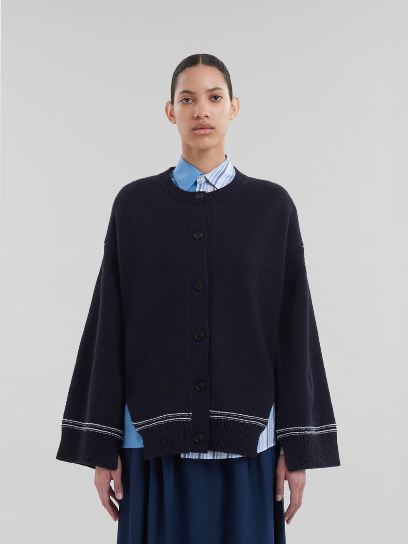 Navy wool cardigan with maxi logo - Pullovers - Image 2