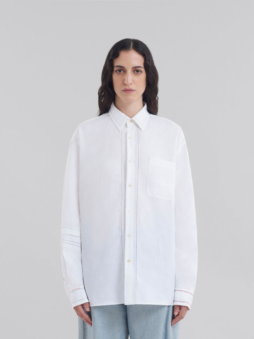 White linen shirt with openwork embroidery - Shirts - Image 2