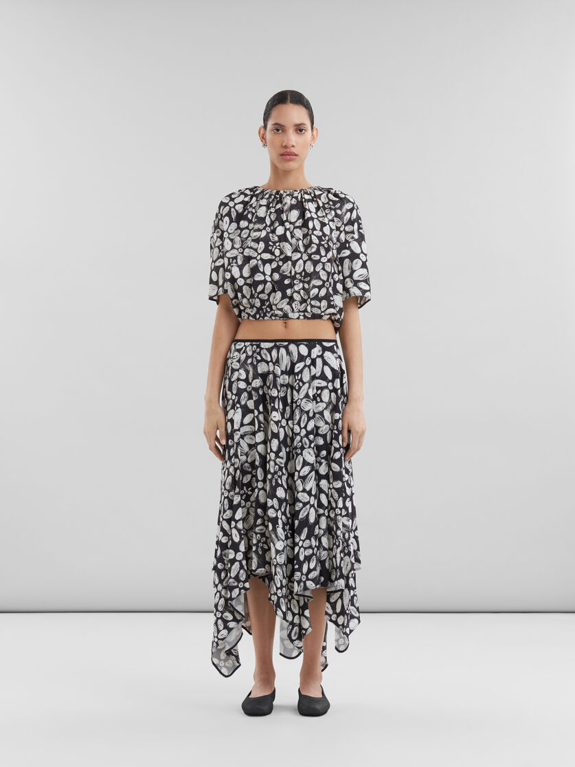 Black satin-back crêpe midi skirt with Blooming print - Skirts - Image 2