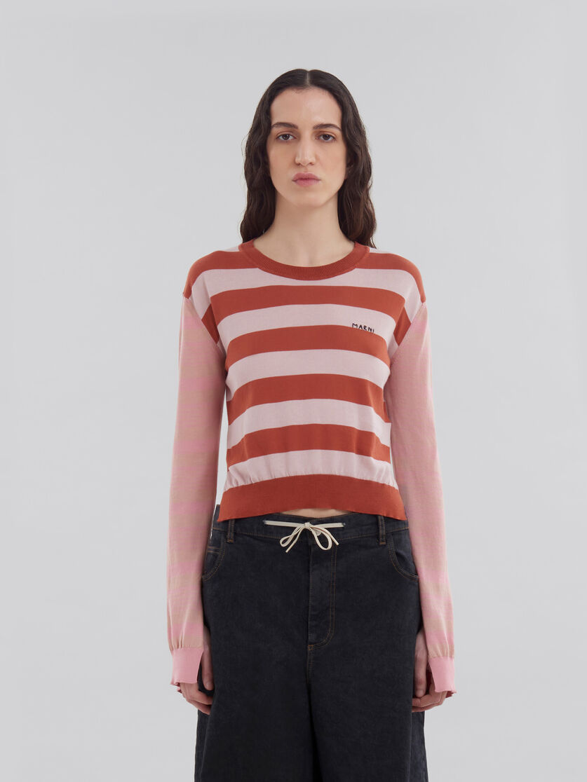 Pink contrast-stripe light cotton crew-neck - Pullovers - Image 2