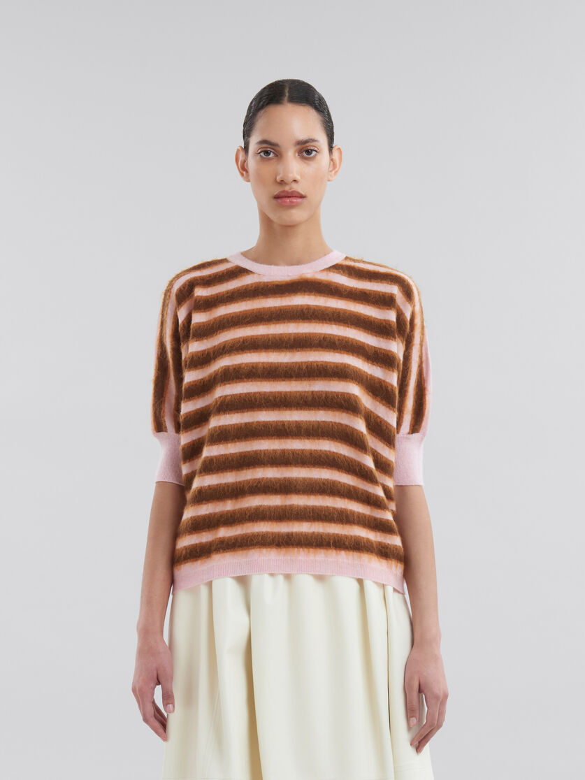Rosafarben gestreifter Pullover mit halblangen Ärmeln aus Wolle und Mohair - Pullover - Image 2