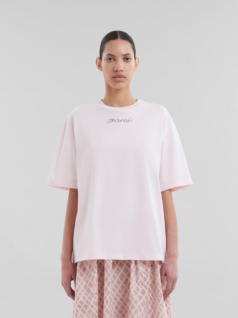 Pink organic cotton boxy T-shirt with repeated logo - T-shirts - Image 2