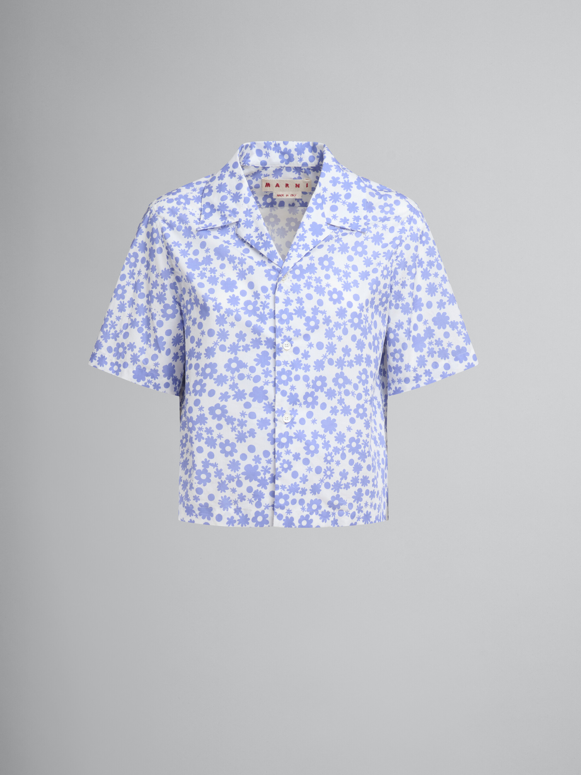 Poplin bowling shirt with blue and white Pop Fields motif - Shirts - Image 1