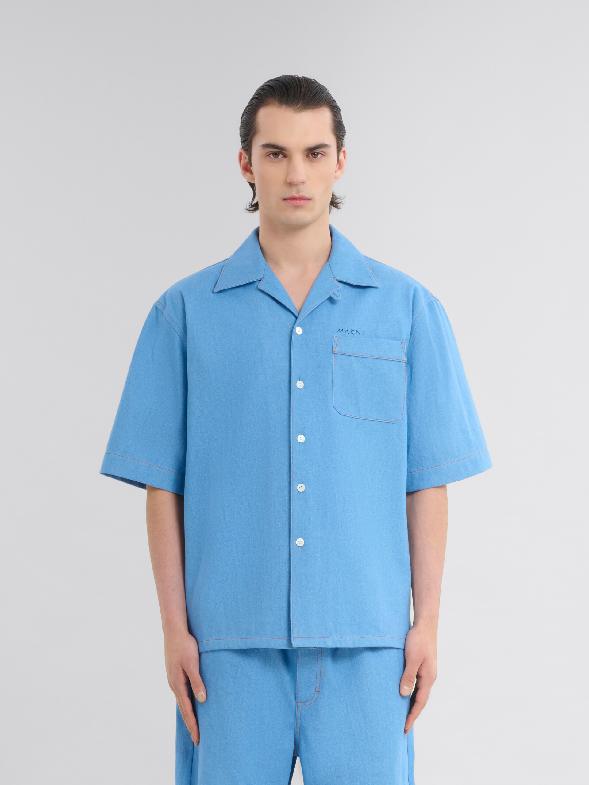 마르니 멘딩 로고 장식 블루 데님 볼링 셔츠 - 셔츠 - Image 2