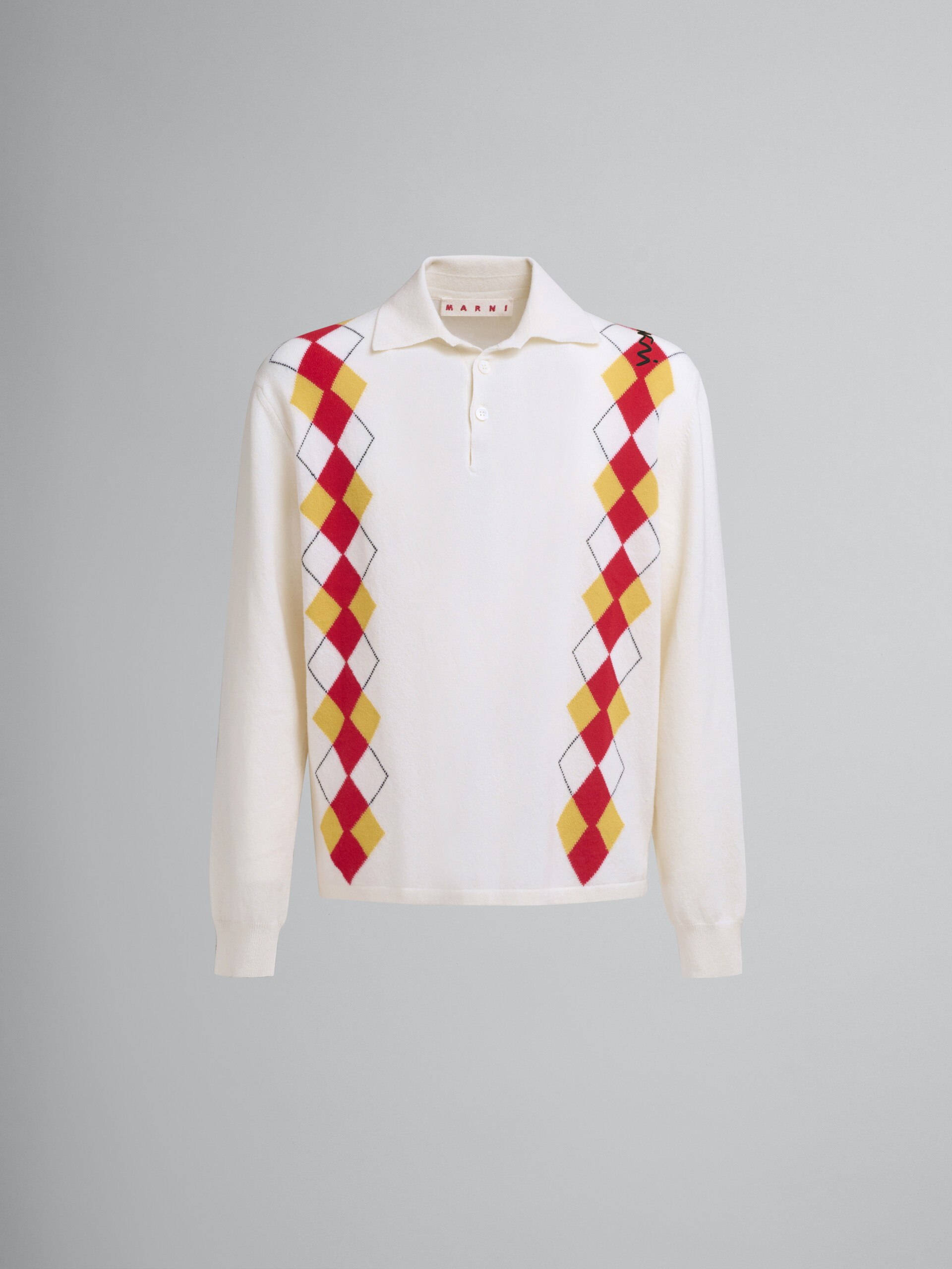 Long sleeved ivory polo shirt with intarsia Argyle detail - Shirts - Image 1