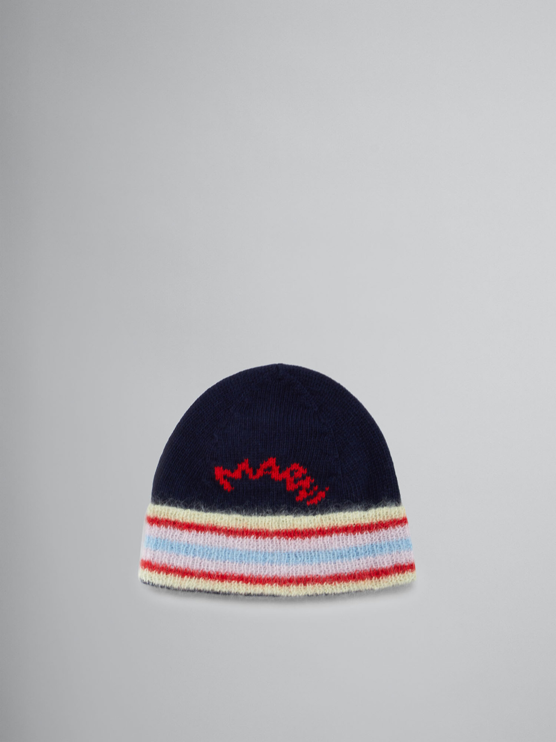 Deep blue wool beanie with striped turn-up - Hats - Image 1