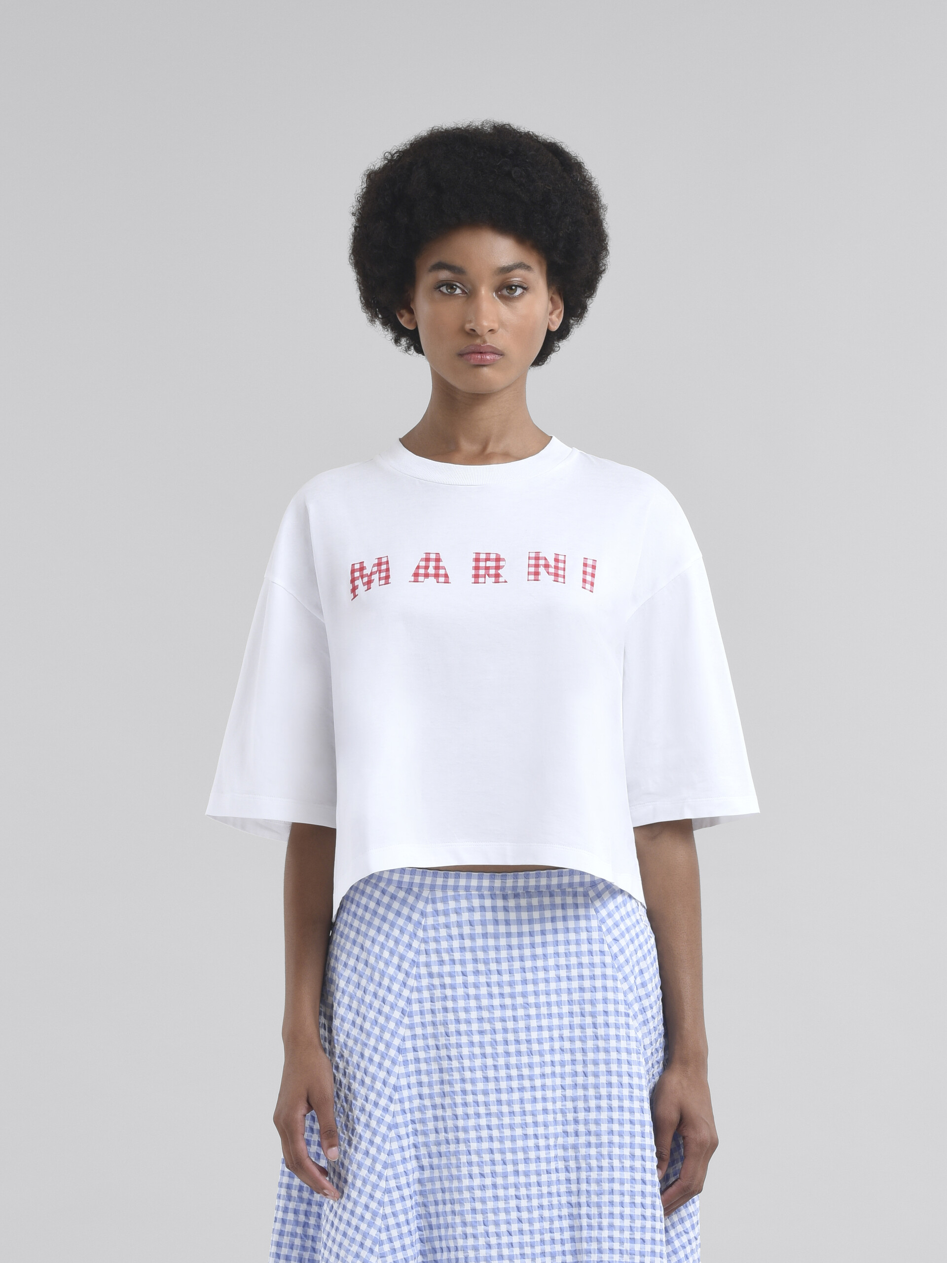 White jersey cotton T-shirt with checked Marni logo - T-shirts - Image 2