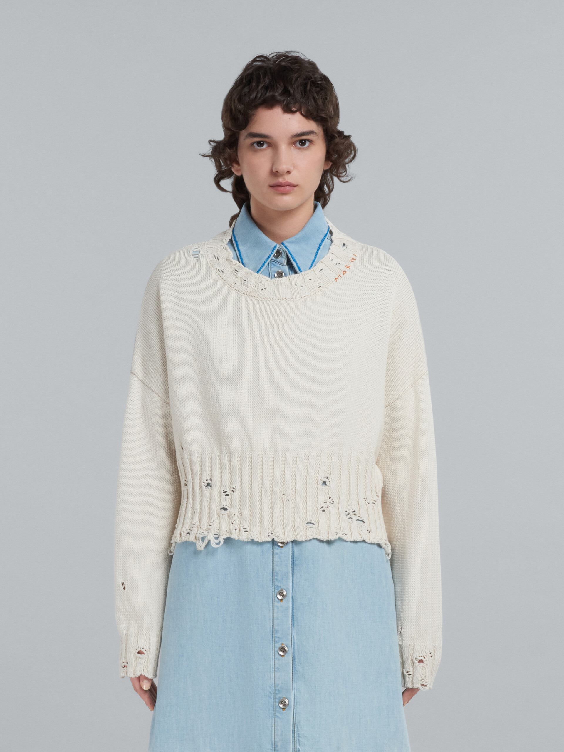Kurzer weißer Baumwollpullover - Pullover - Image 2
