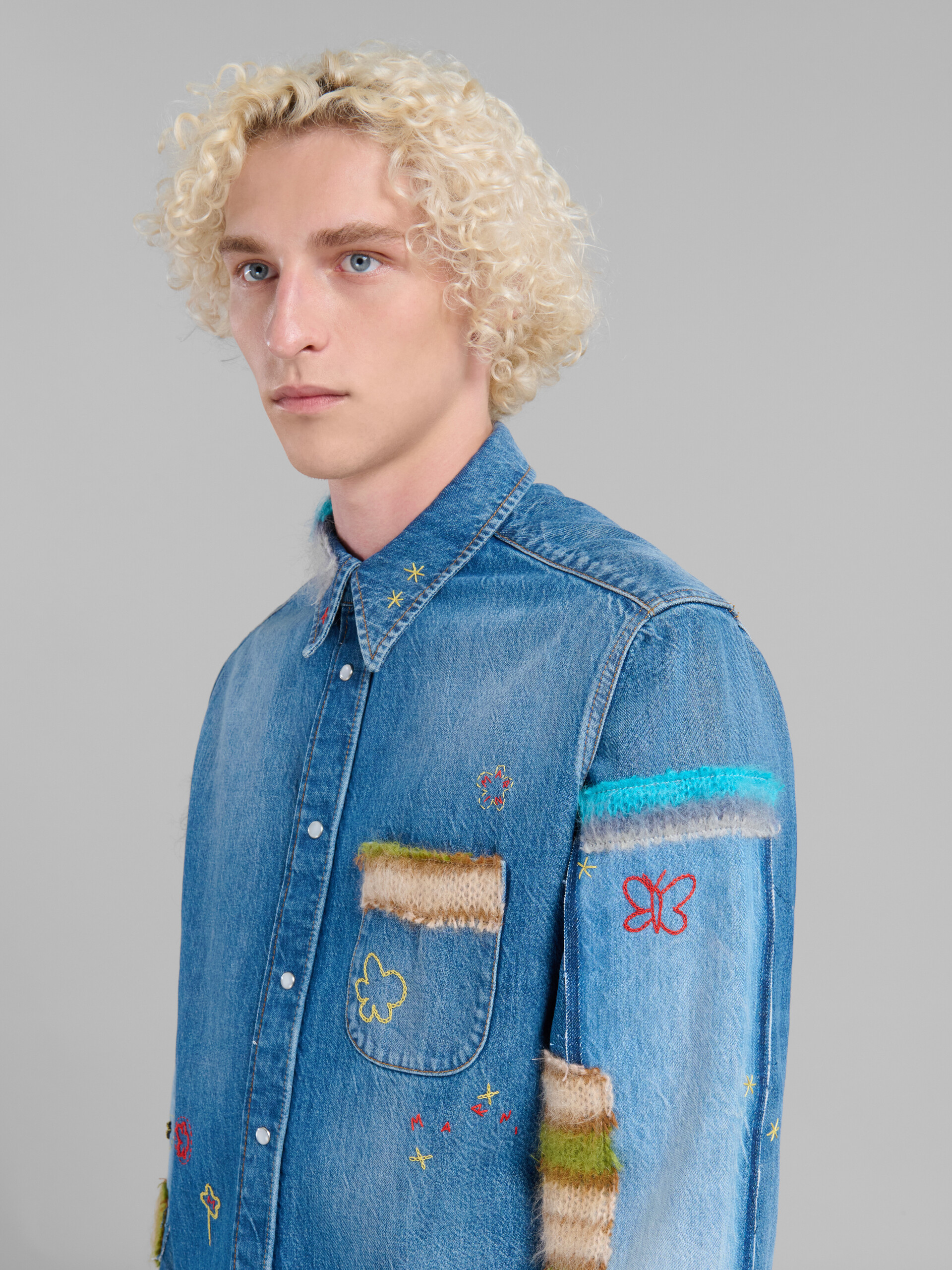 Blue organic denim shirt with mohair patches - Shirts - Image 4
