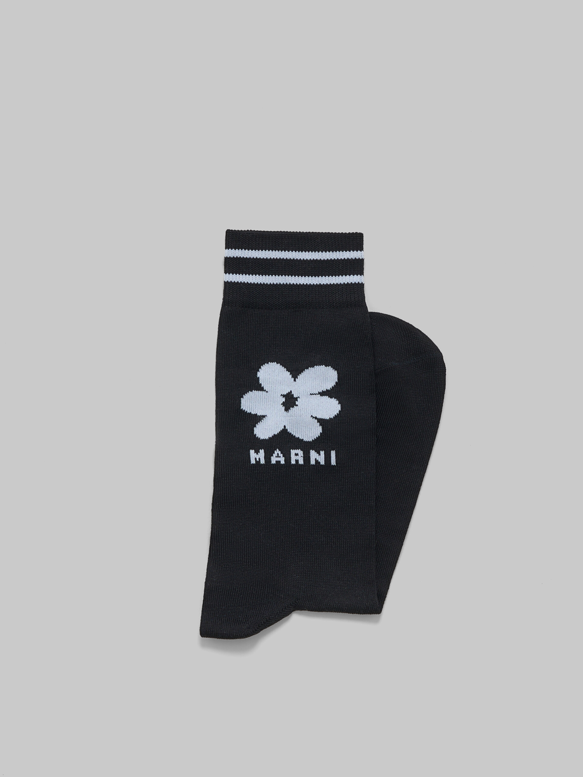 Black cotton socks with light blue jacquard flower detail - Socks - Image 2