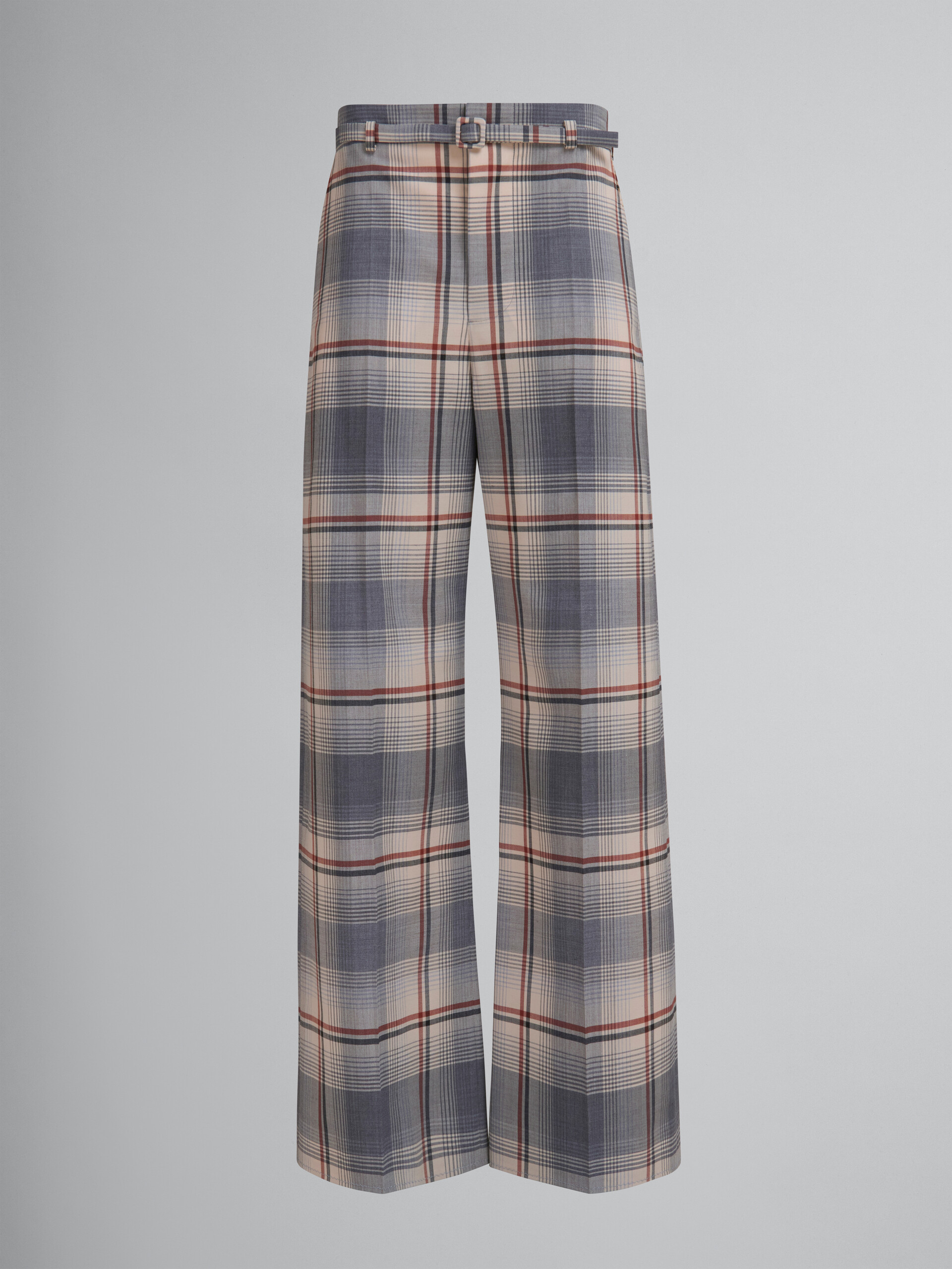 Pantaloni in lana a quadri grigi con cintura - Pantaloni - Image 1
