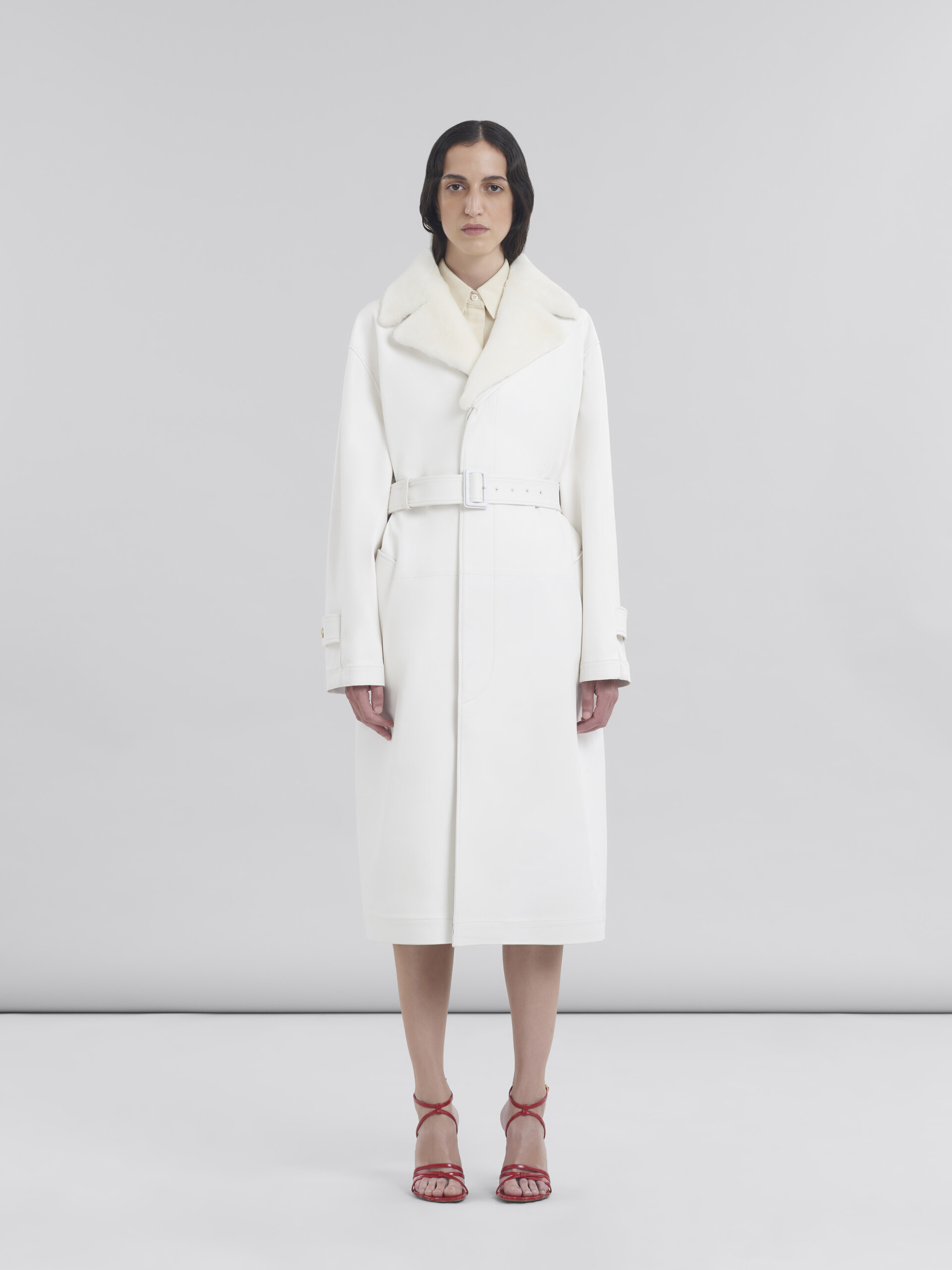 White nappa duster coat with shearling collar - Coat - Image 2