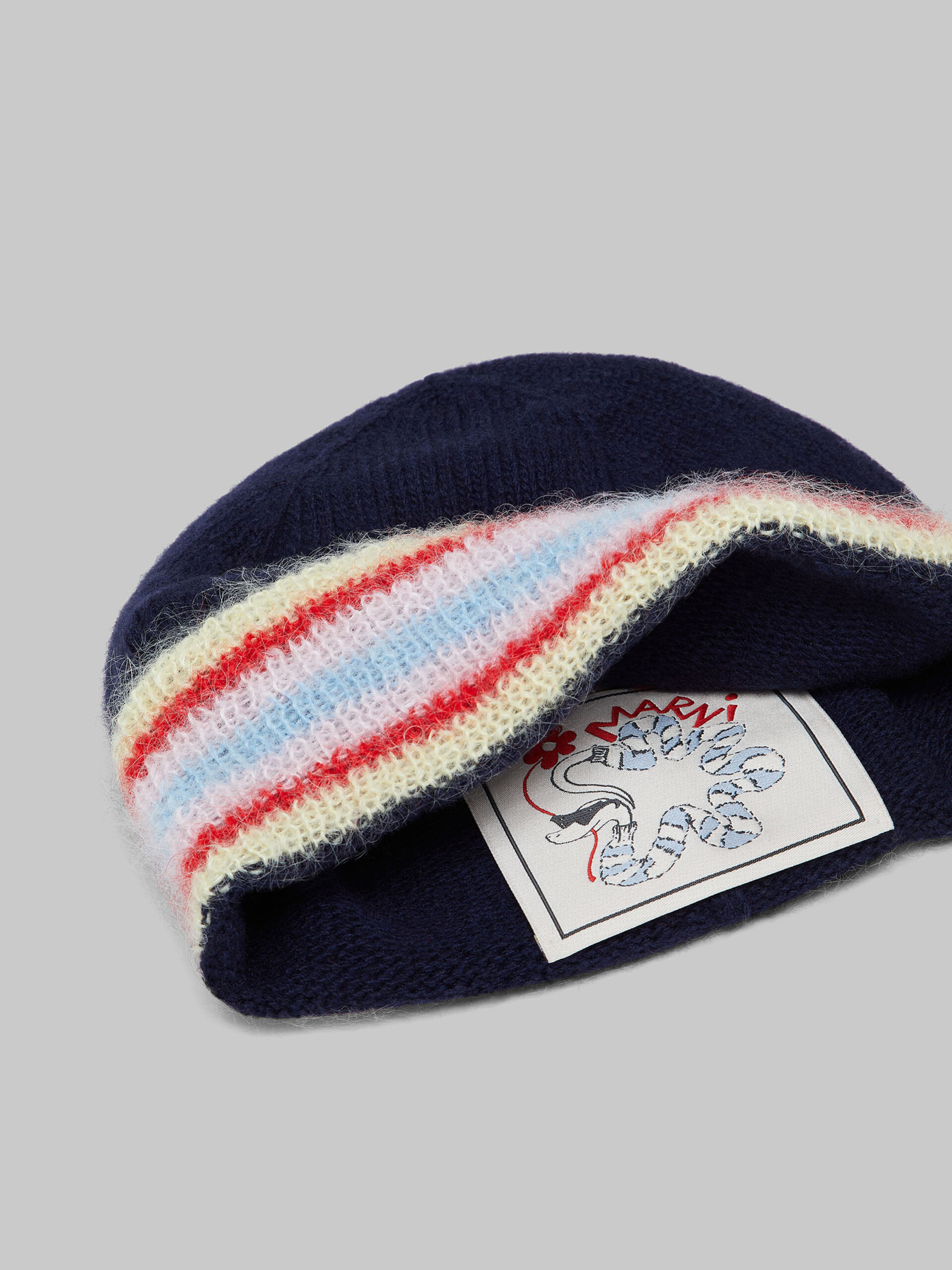 Deep blue wool beanie with striped turn-up - Hats - Image 3